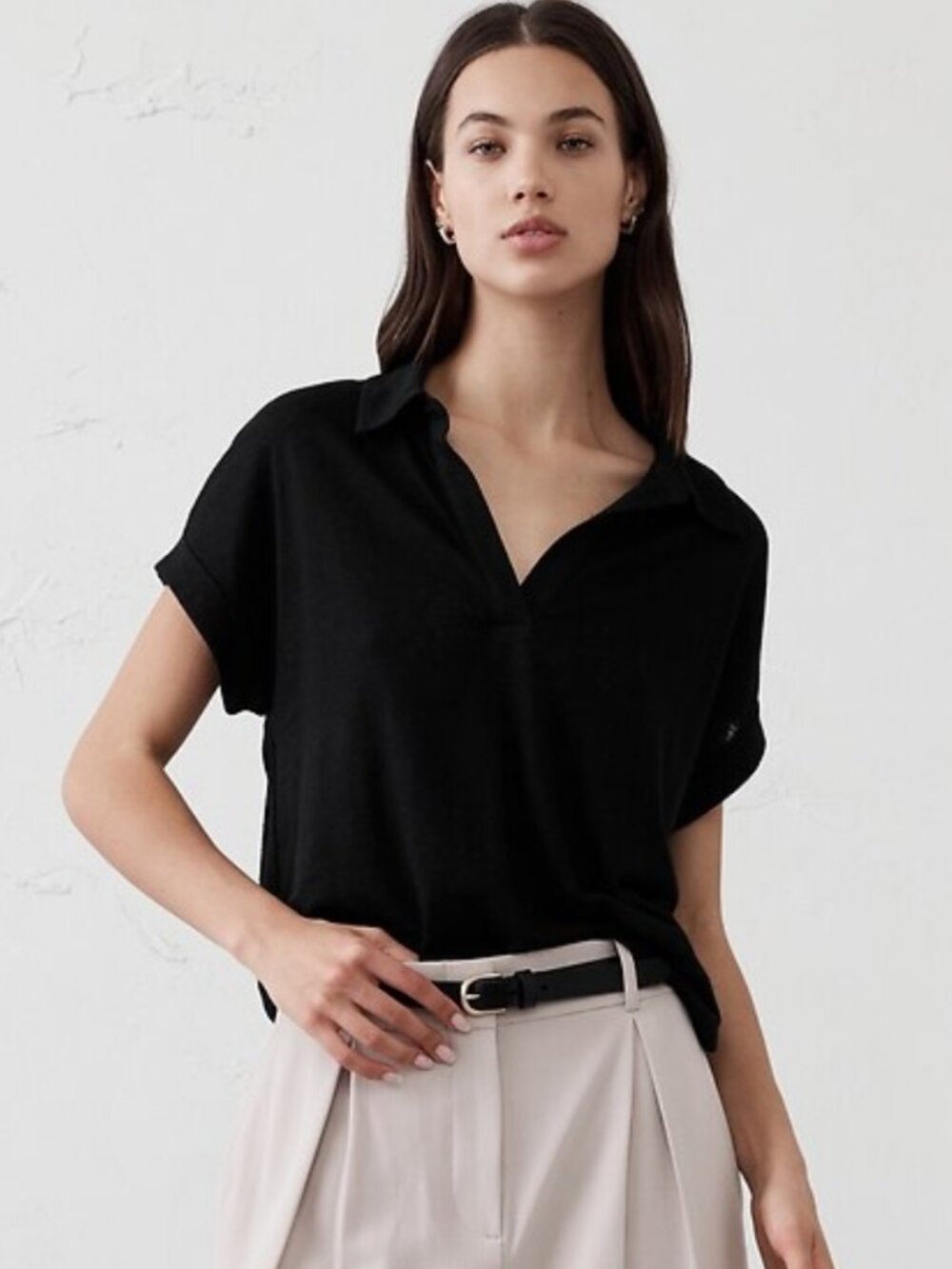 Banana Republic Factory women's black linen blend polo shirt size Medium
